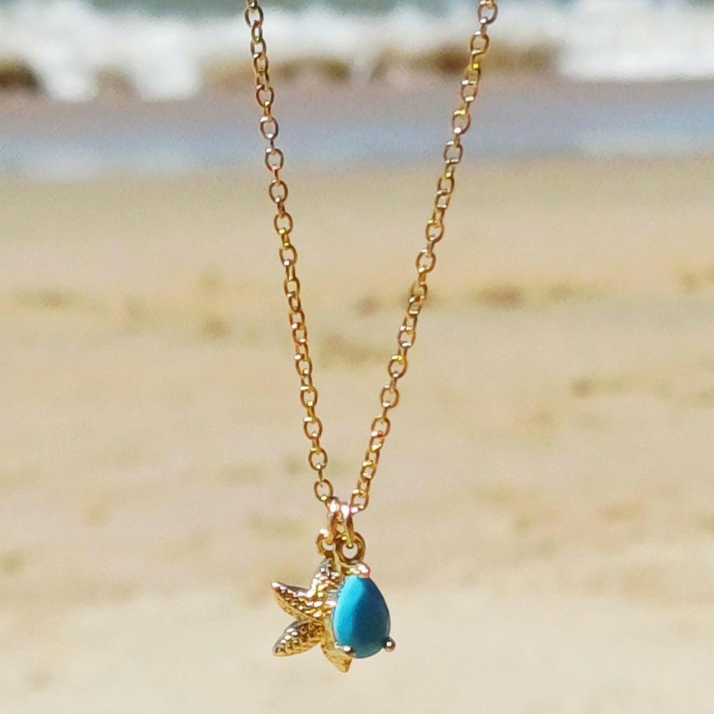 Beach Starfish Necklace with Turquoise Teardrop Charm, Gold Plated Tarnish Resistant, Ocean Inspired Gift