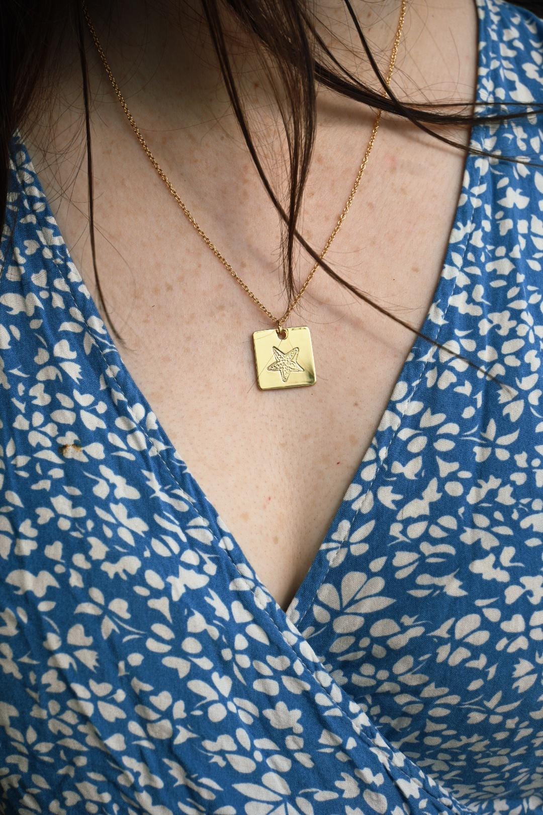 Starfish Square Pendant Necklace Hand Stamped, Gold Plated
